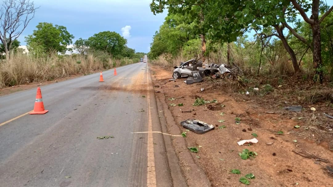 O veículo bateu em uma árvore e ficou destruído