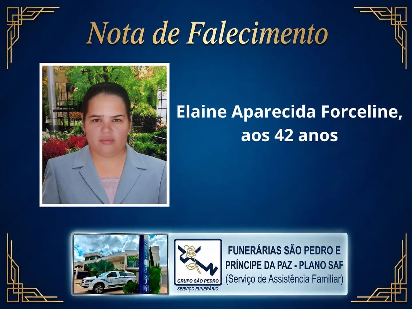 Nota de falecimento: Elaine Aparecida Forceline, aos 42 anos