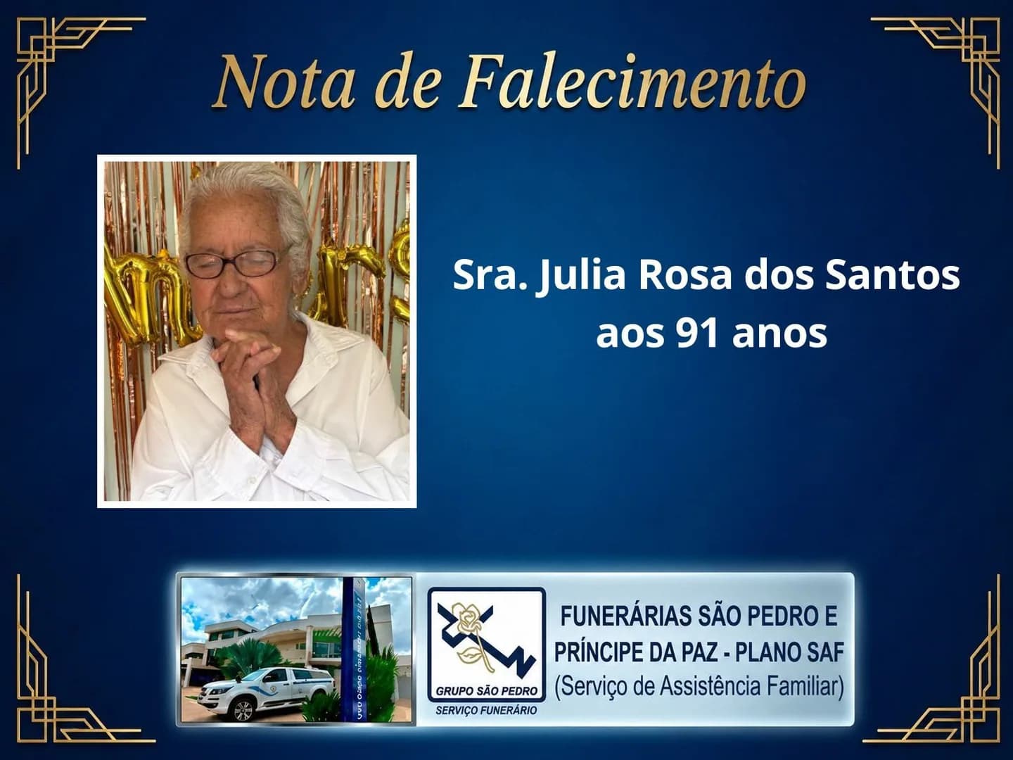 Nota de falecimento: Sra. Julia Rosa dos Santos aos 91 anos.