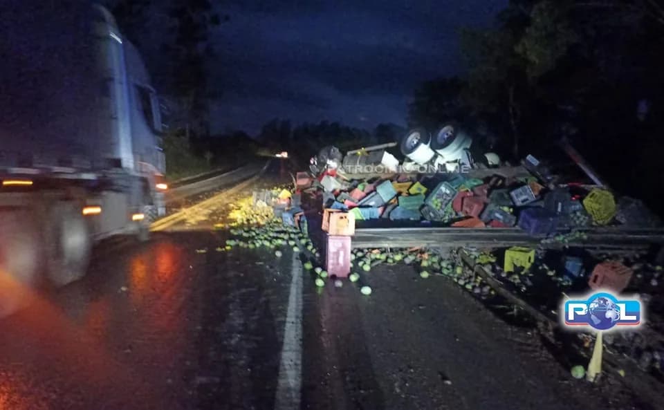 Motorista tenta desviar de caminhonete e caminhão carregado com mangas capota na BR-365