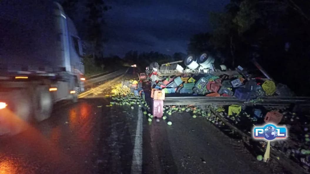 Motorista tenta desviar de caminhonete e caminhão carregado com mangas capota na BR-365