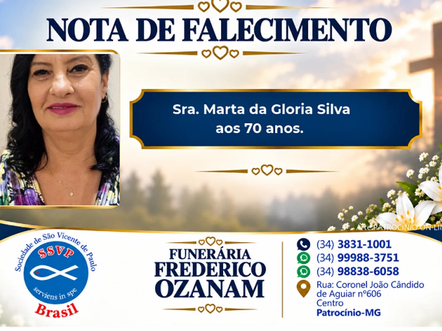 Nota de falecimento: Sra. Marta da Gloria Silva aos 70 anos.