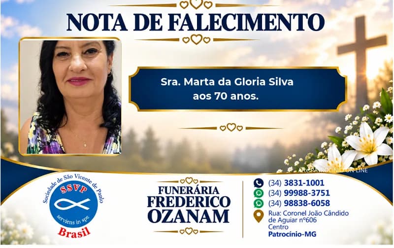 Nota de falecimento: Sra. Marta da Gloria Silva aos 70 anos.