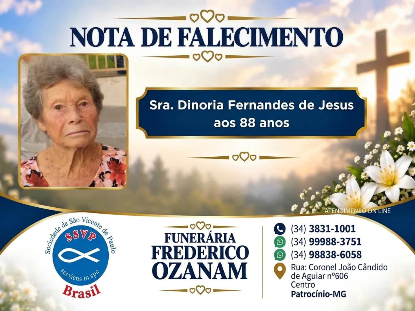 Nota de falecimento: Sra. Dinoria Fernandes de Jesus aos 88 anos.