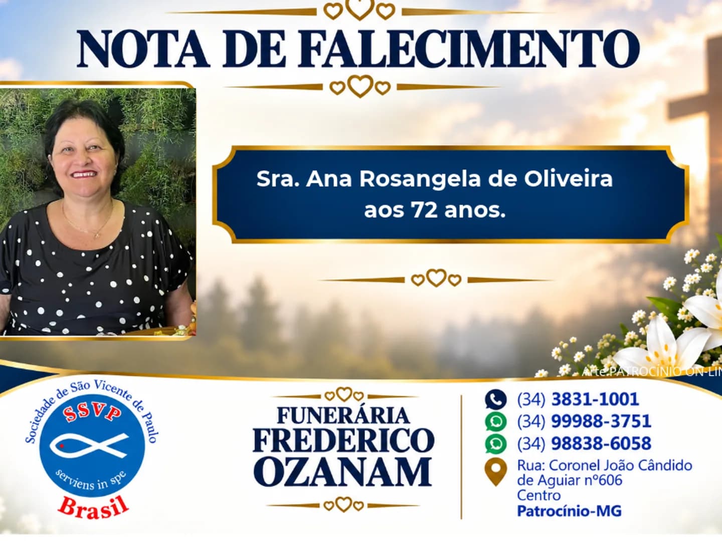  Nota de falecimento: Sra. Ana Rosangela de Oliveira aos 72 anos.