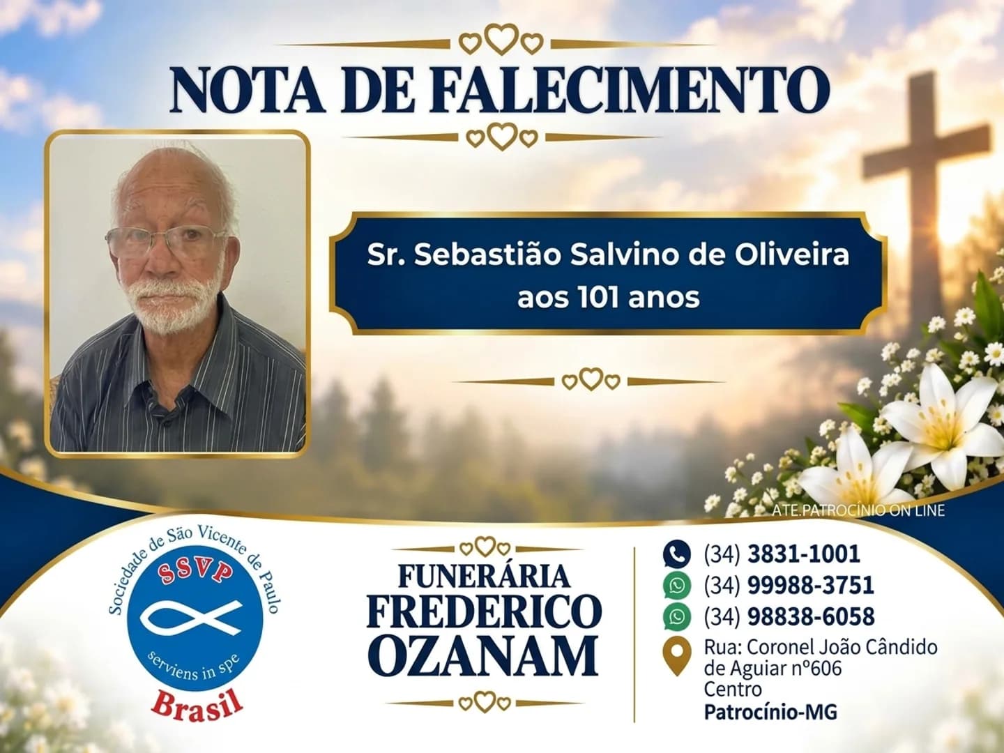 Nota de falecimento: Sr. Sebastião Salvino de Oliveira aos 101 anos.