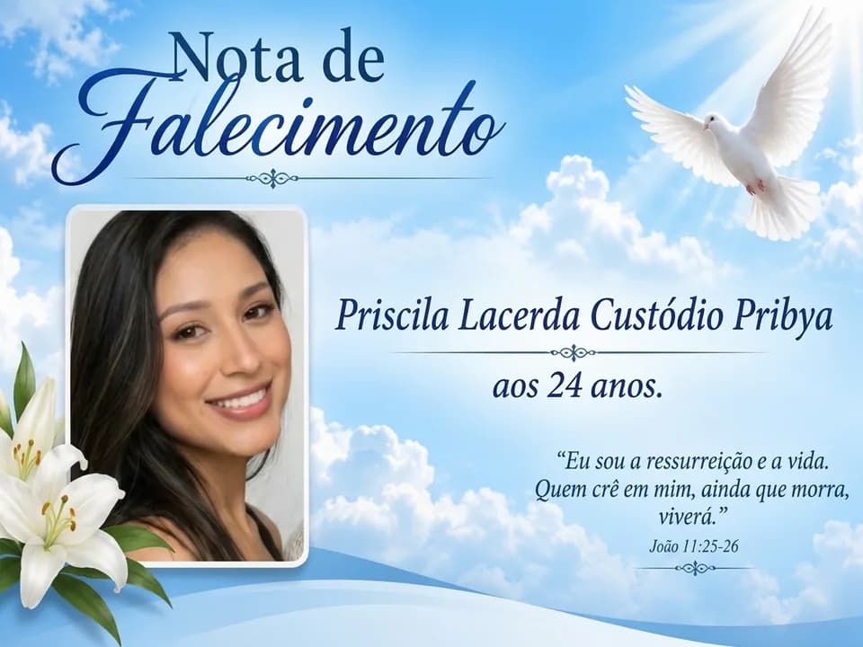 Nota de falecimento: Priscila Lacerda Custódio Pribya aos 24 anos.
