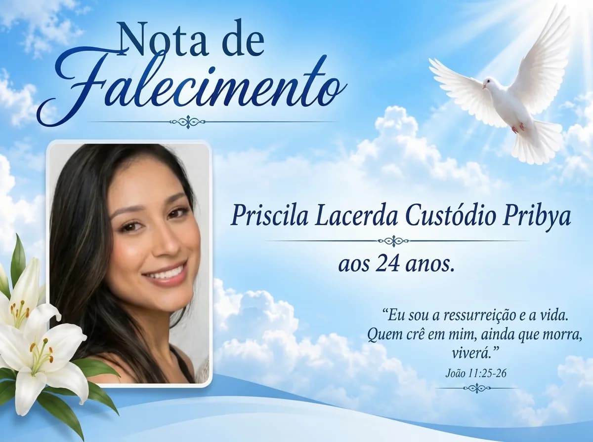 Nota de falecimento: Priscila Lacerda Custódio Pribya aos 24 anos.