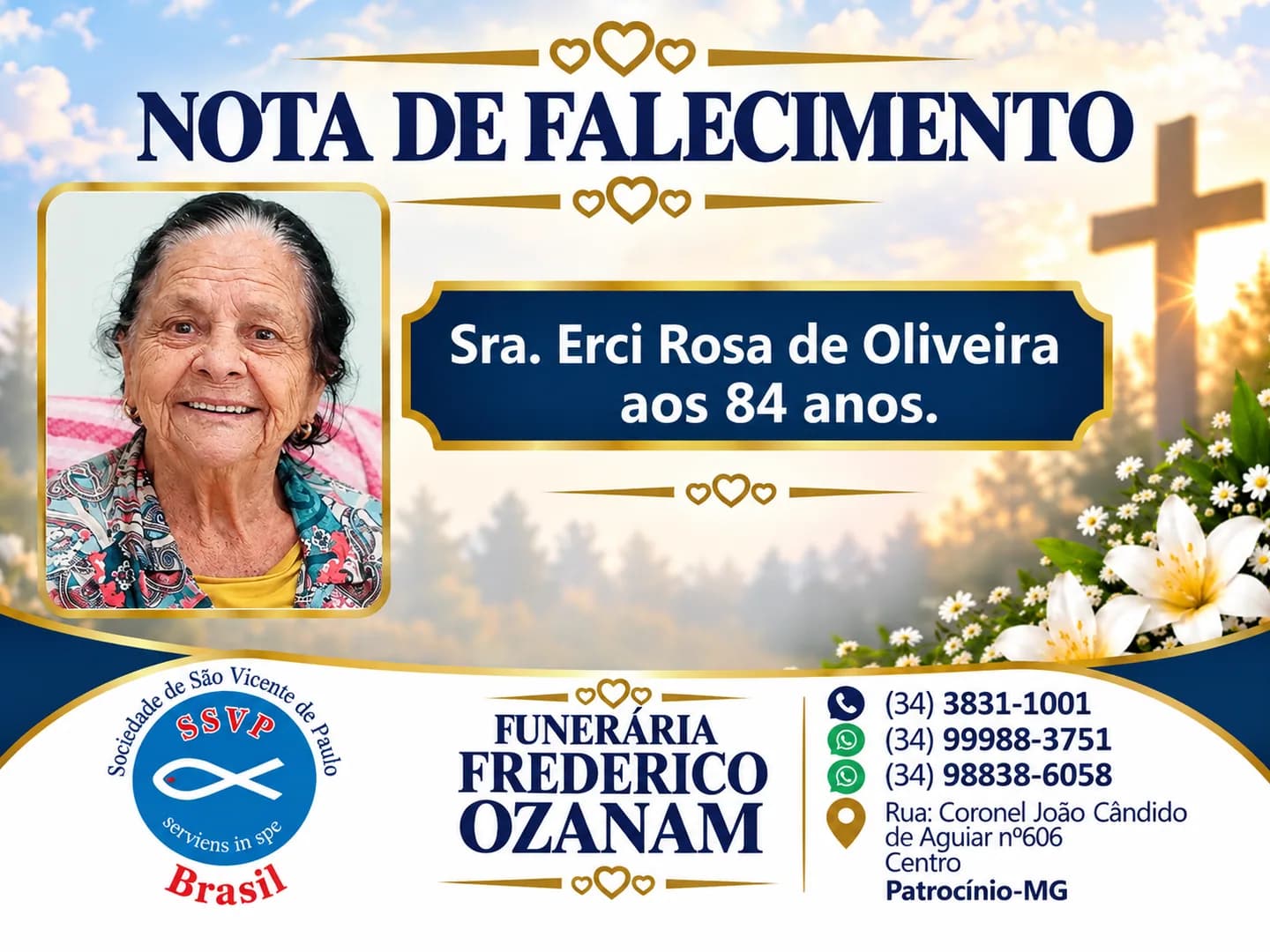 Nota de falecimento: Sra. Erci Rosa de Oliveira aos 84 anos.