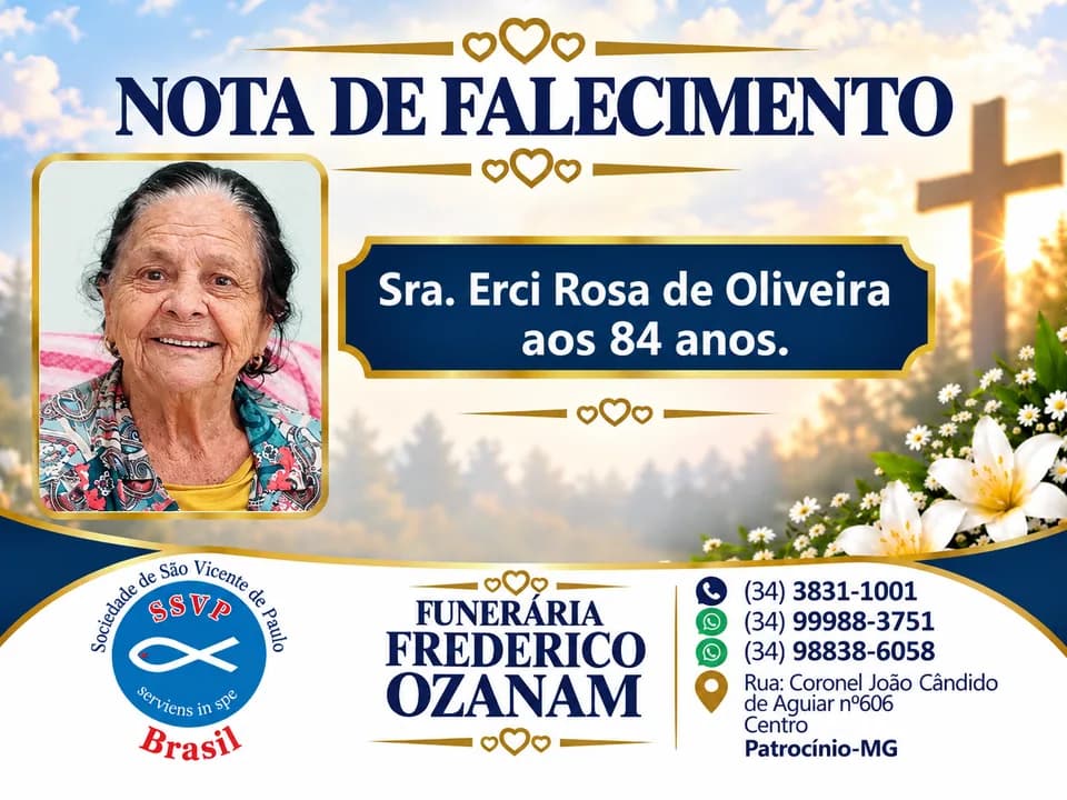 Nota de falecimento: Sra. Erci Rosa de Oliveira aos 84 anos.