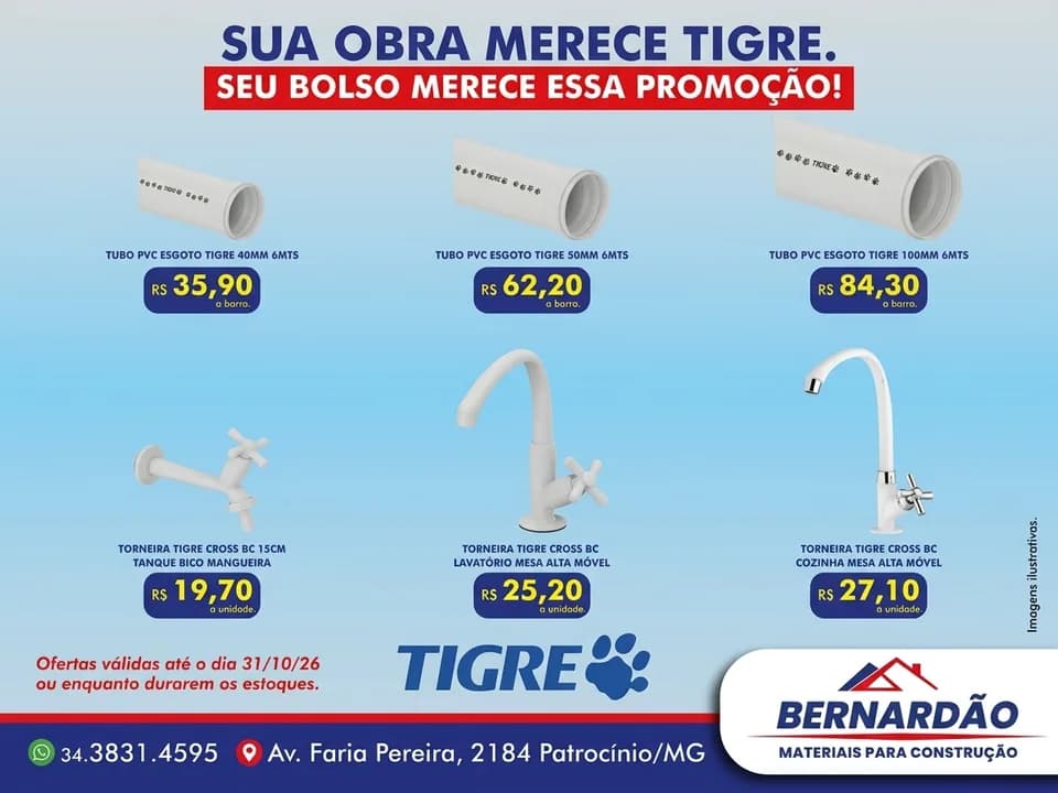 Bernardão Materiais para Construção anuncia promoção de produtos Tigre