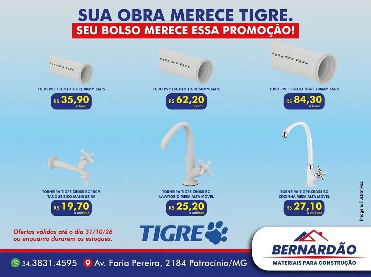 Bernardão Materiais para Construção anuncia promoção de produtos Tigre