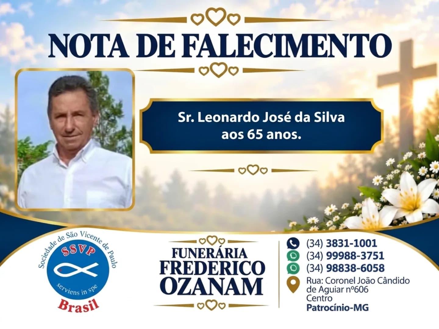  Nota de falecimento:  Sr. Leonardo José da Silva aos 65 anos.