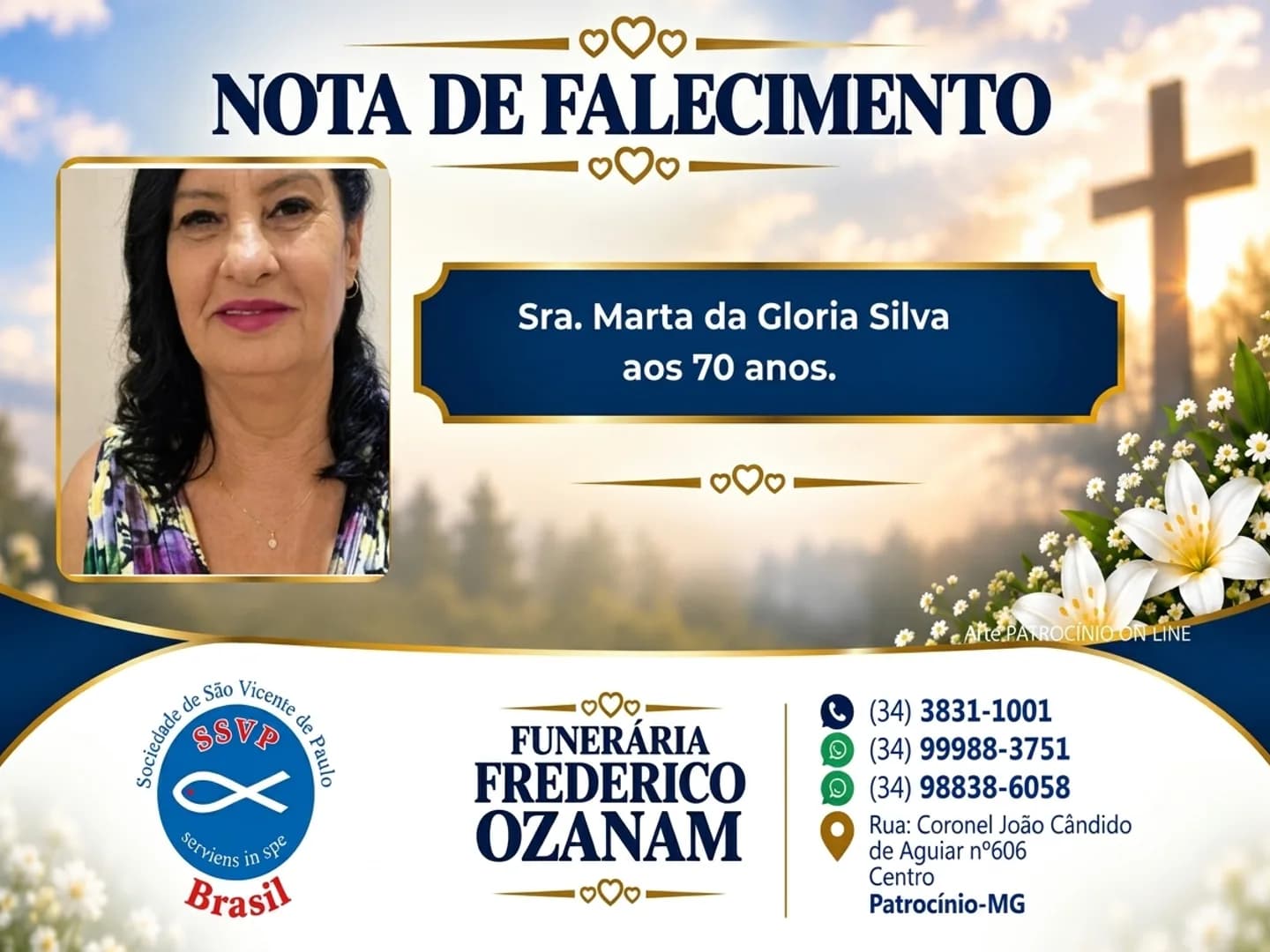 Nota de falecimento: Sra. Marta da Gloria Silva aos 70 anos. 