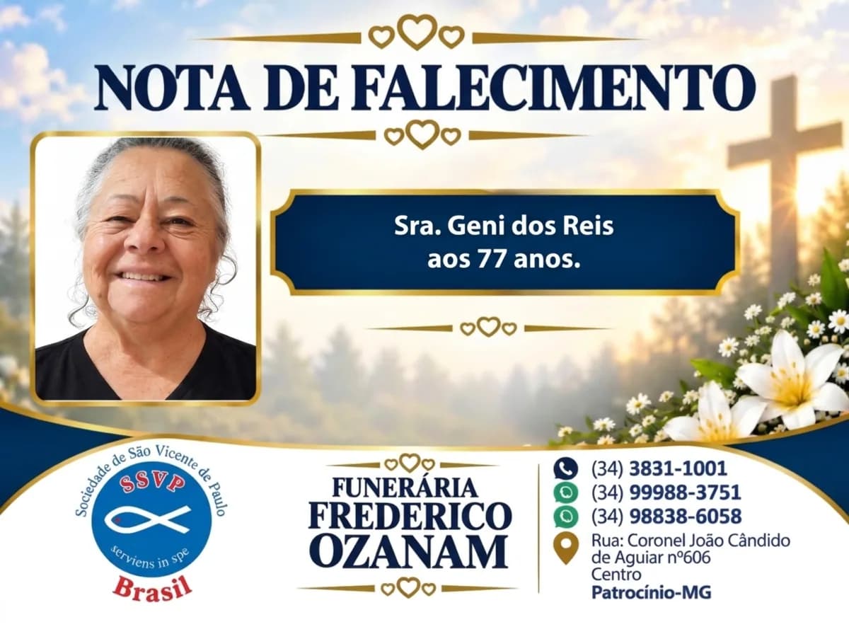 Nota de falecimento: Sra. Geni dos Reis aos 77 anos.
