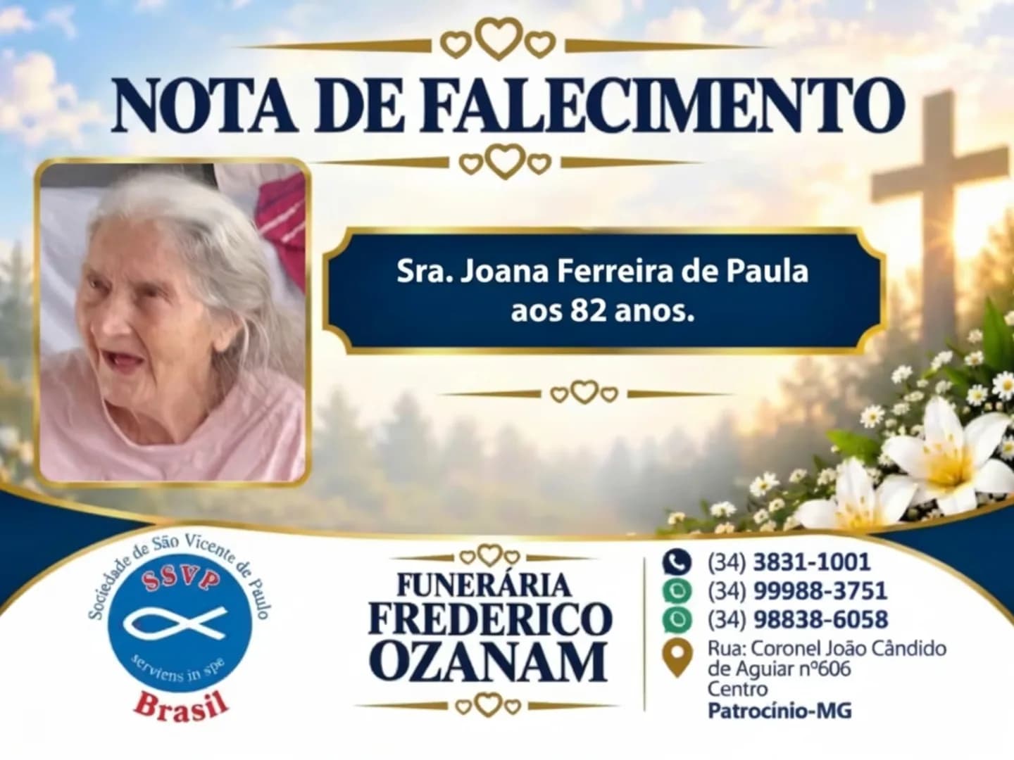 Nota de falecimento: Sra. Joana Ferreira de Paula aos 82 anos.