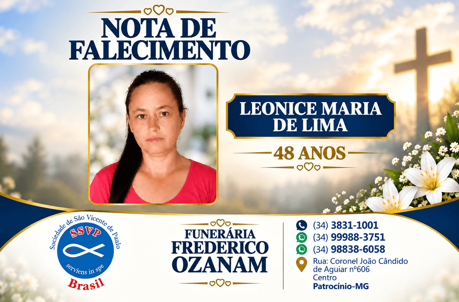 Nota de falecimento: Leonice Maria de Lima, aos 48 anos,