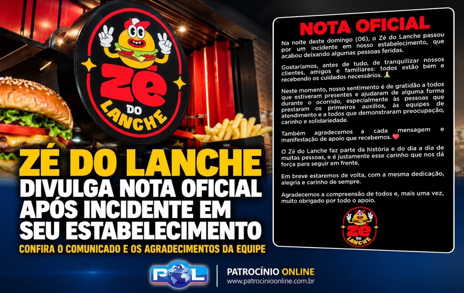 Nota Oficial: Zé do Lanche se manifesta após incêndio na Praça Santa Luzia e agradece apoio da comunidade