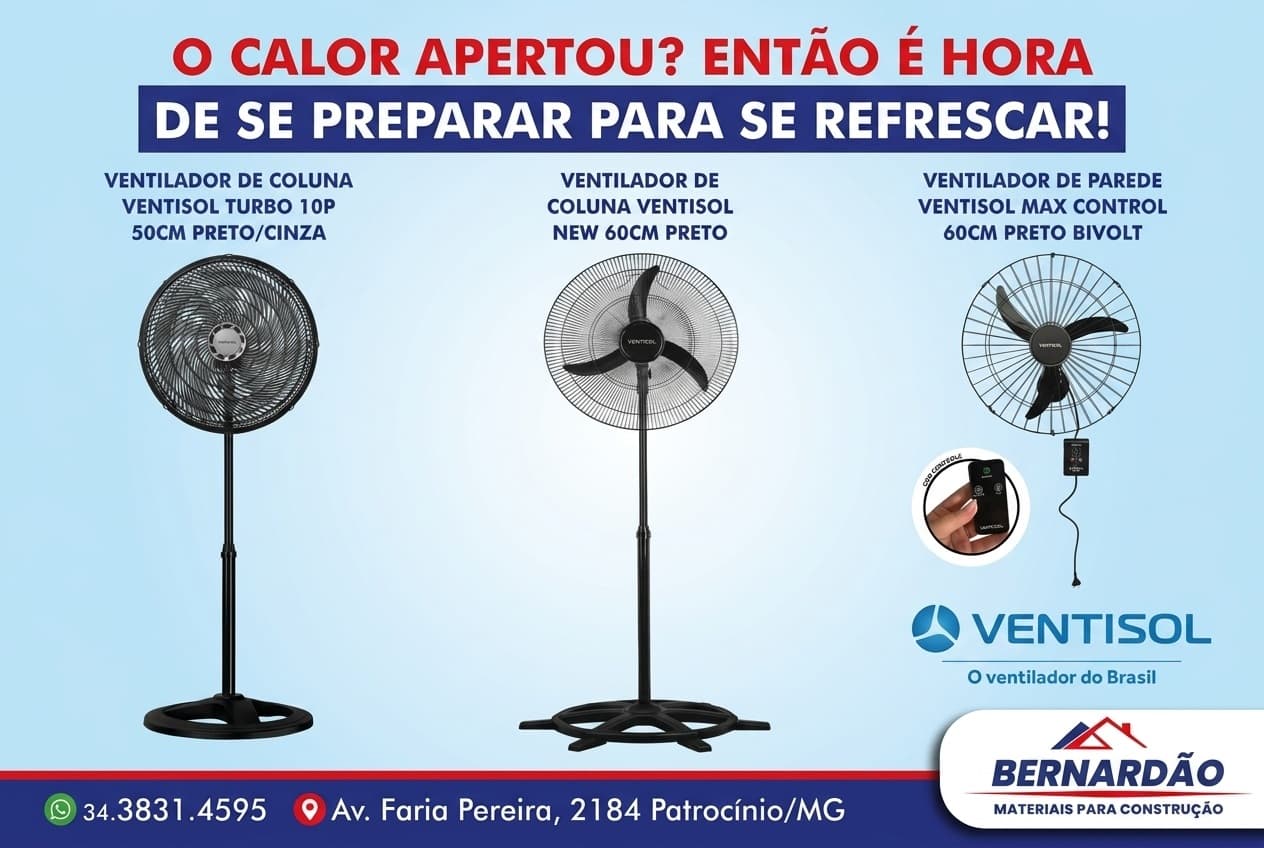 Novos ventiladores VENTISOL já estão disponíveis no Bernardão Materiais para Construção