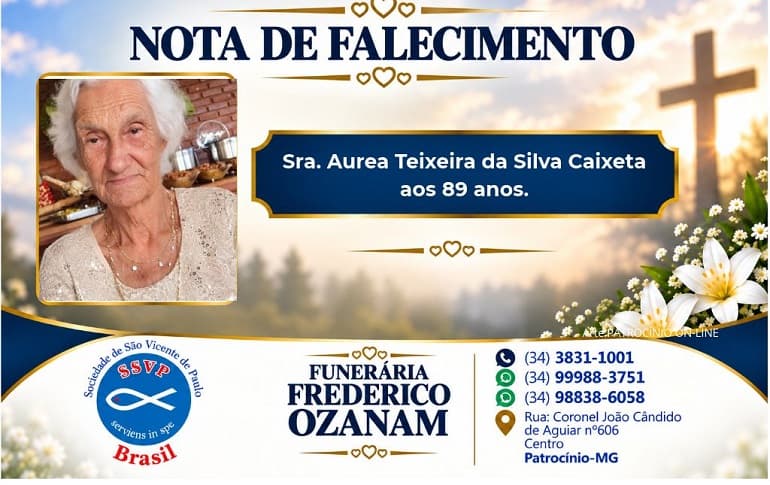 Nota de falecimento: Sra. Aurea Teixeira da Silva Caixeta aos 89 anos.