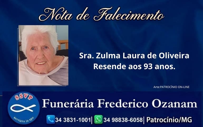 Nota de falecimento: Sra. Zulma Laura de Oliveira Resende aos 93 anos.