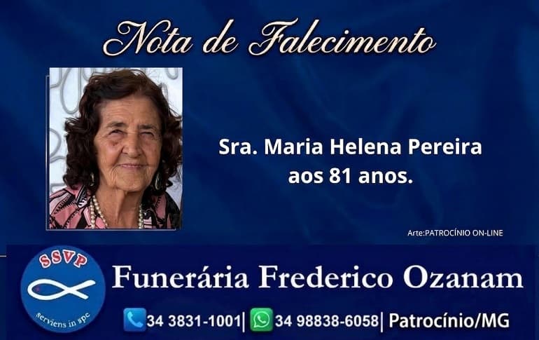 Nota de falecimento: Sra. Maria Helena Pereira aos 81 anos.