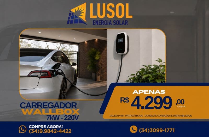 Lusol Energia Solar traz o Carregador Wallbox 7 kW – 220V, ideal para quem busca mais praticidade e agilidade na recarga do veículo elétrico.