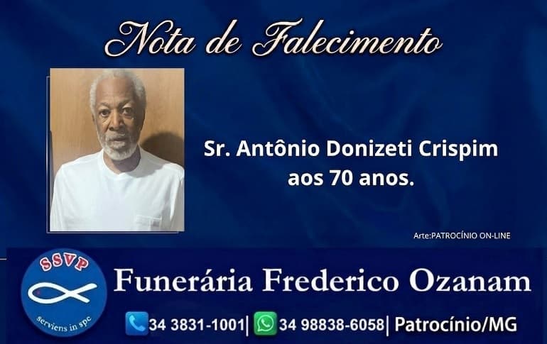 Nota de falecimento: Sr. Antônio Donizeti Crispim aos 70 anos.