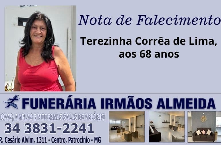 Nota de falecimento: Terezinha Corrêa de Lima, aos 68 anos.