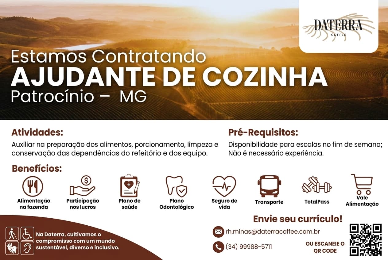 Fazenda Daterra contrata: Ajudante de Cozinha