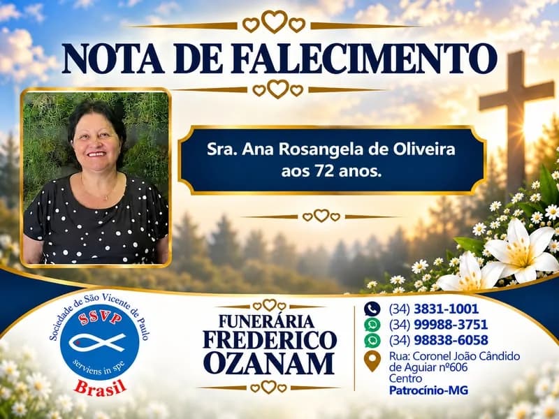 Nota de falecimento: Sra. Ana Rosangela de Oliveira aos 72 anos.