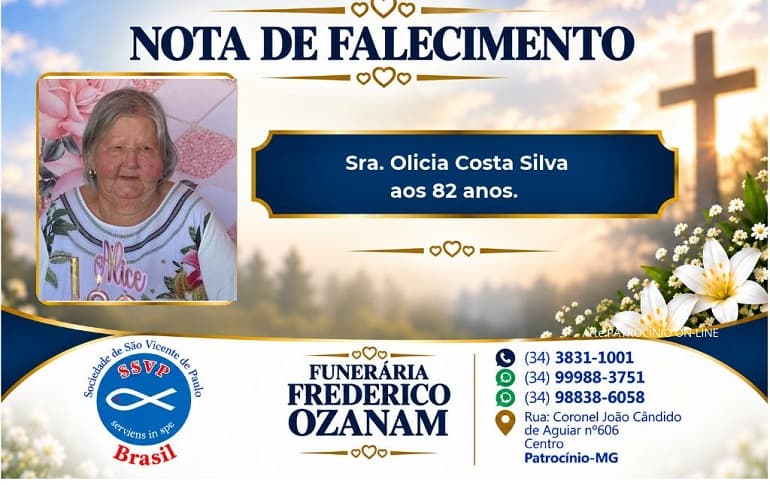 Nota de falecimento: Sra. Olicia Costa Silva aos 82 anos.