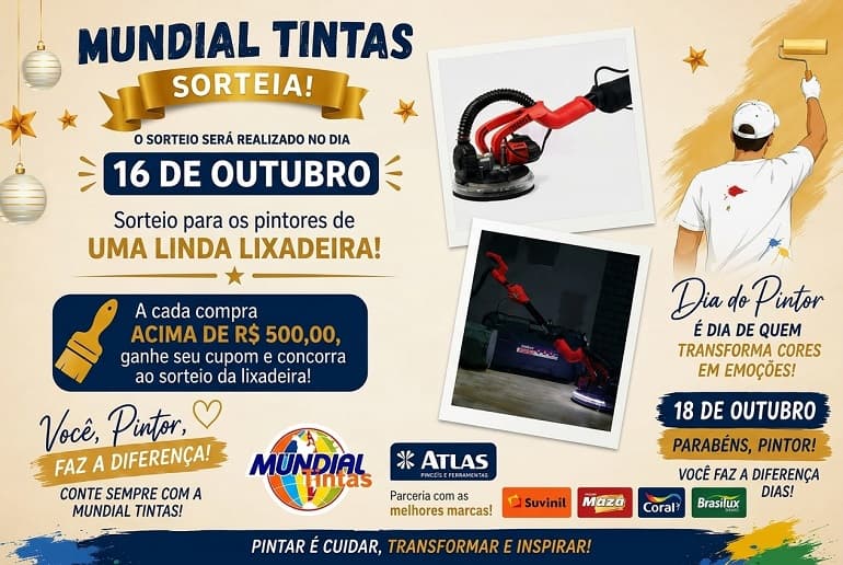 Mundial Tintas promove sorteio de lixadeira em homenagem ao Dia do Pintor