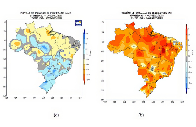 Previsão de anomalias de (a) precipitação (chuva) e (b) temperatura média do ar do modelo climático do Inmet para o mês de novembro de 2023. Fonte: INMET